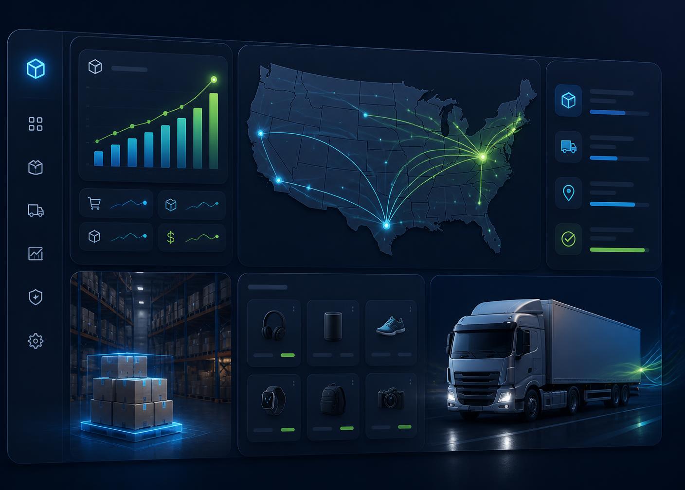 Emon Outlet warehouse dashboard showing US shipping routes, live order analytics, and same-day fulfillment